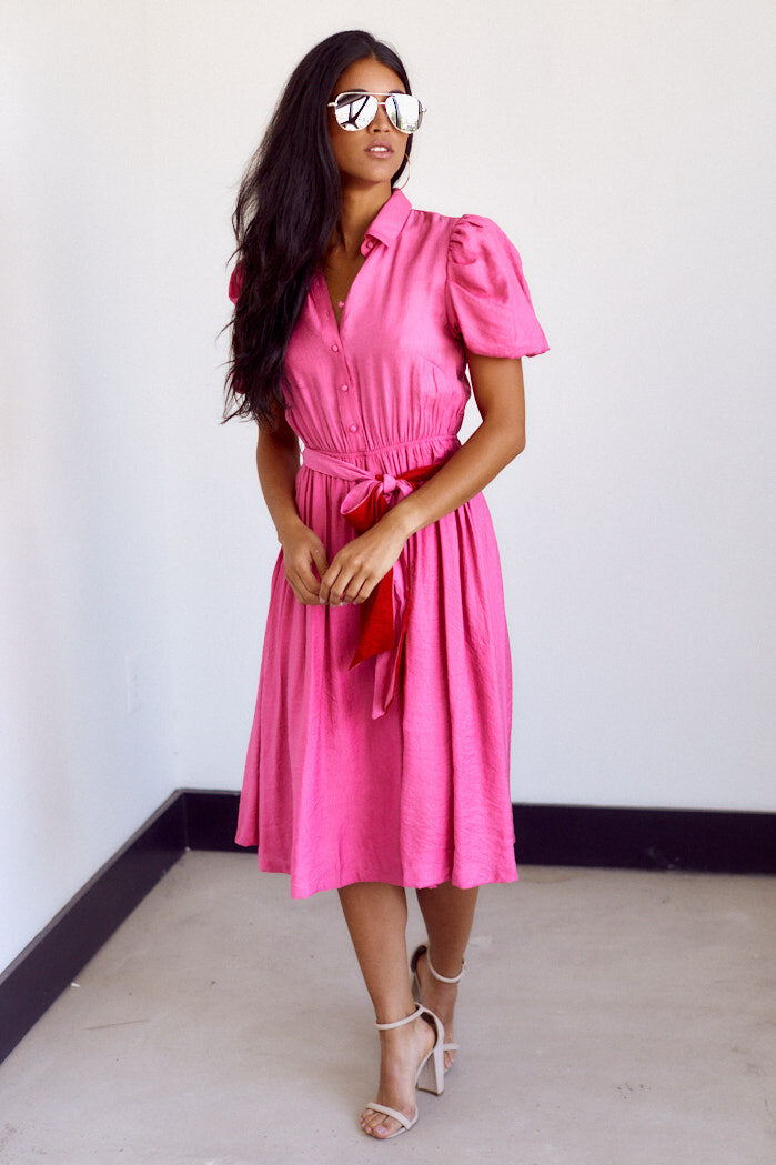 Tara Button Front Puff Sleeve Midi Dress