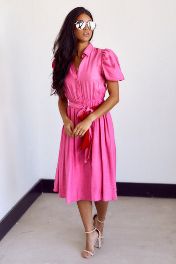 Tara Button Front Puff Sleeve Midi Dress