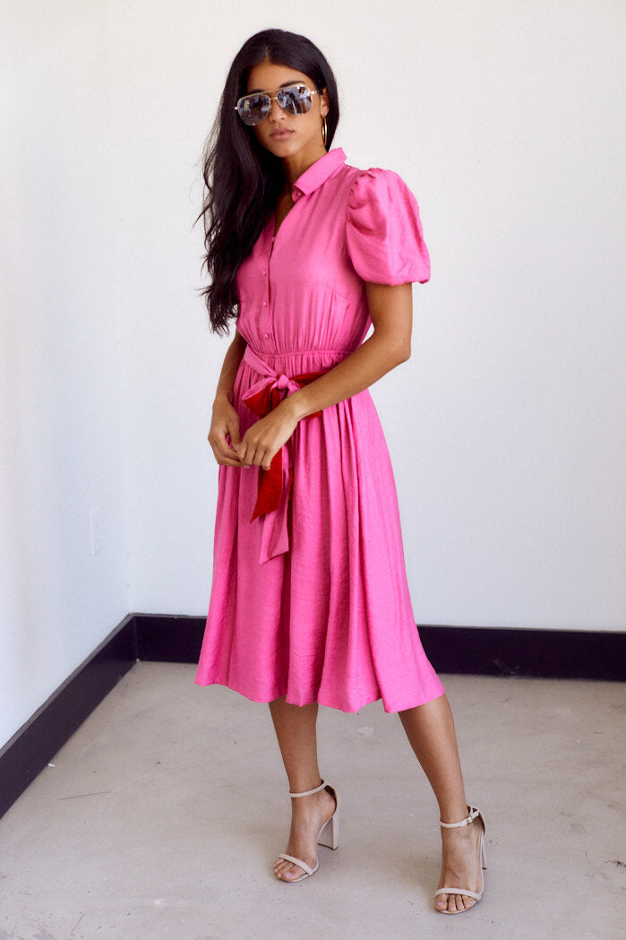 Tara Button Front Puff Sleeve Midi Dress