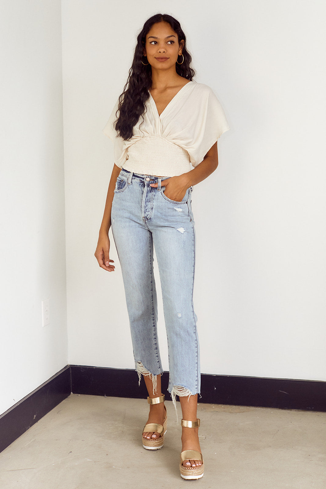 Libbie Smocked Waist Dolman Sleeve Blouse