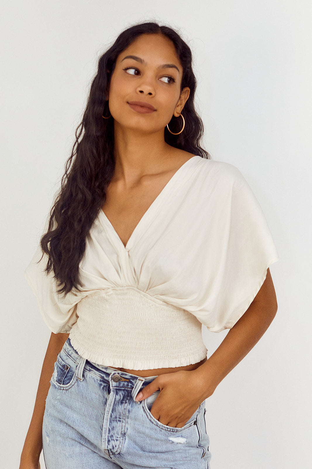 Libbie Smocked Waist Dolman Sleeve Blouse