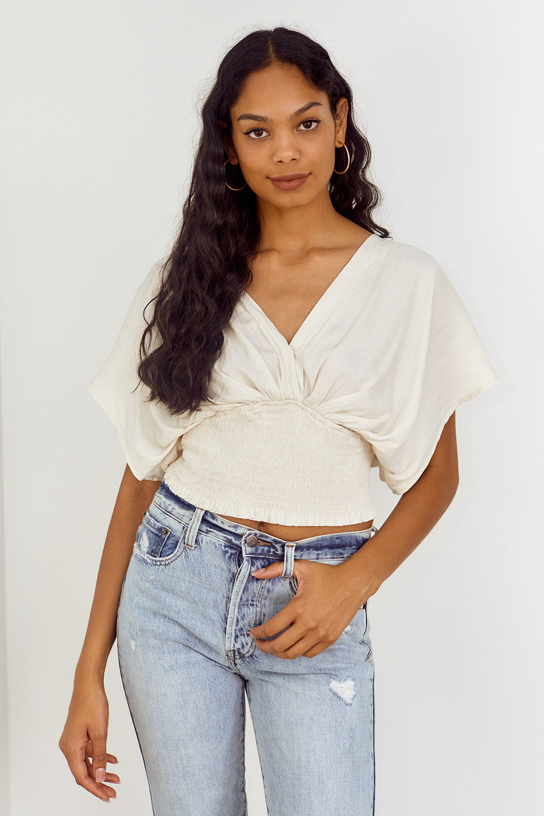 Libbie Smocked Waist Dolman Sleeve Blouse