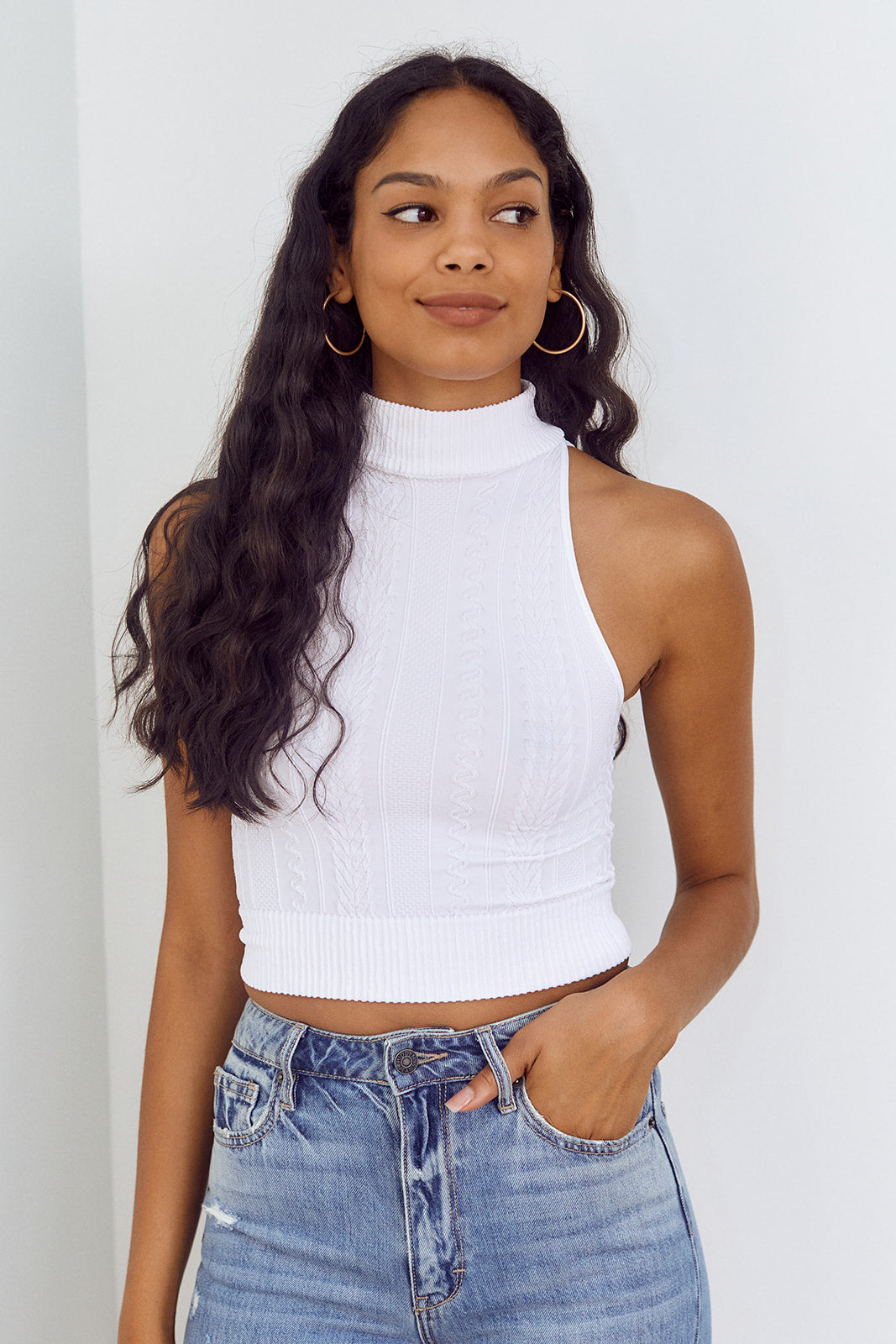 Ponce Mock Neck Jaquard Cropped Top