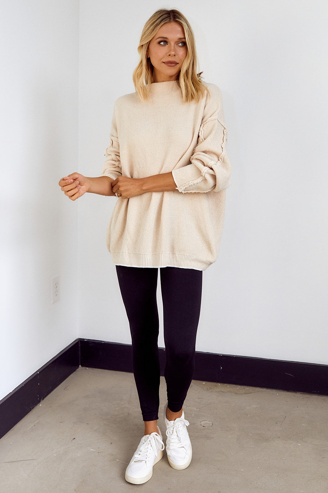 Delarosa Mock Neck Raw Seam Sweater