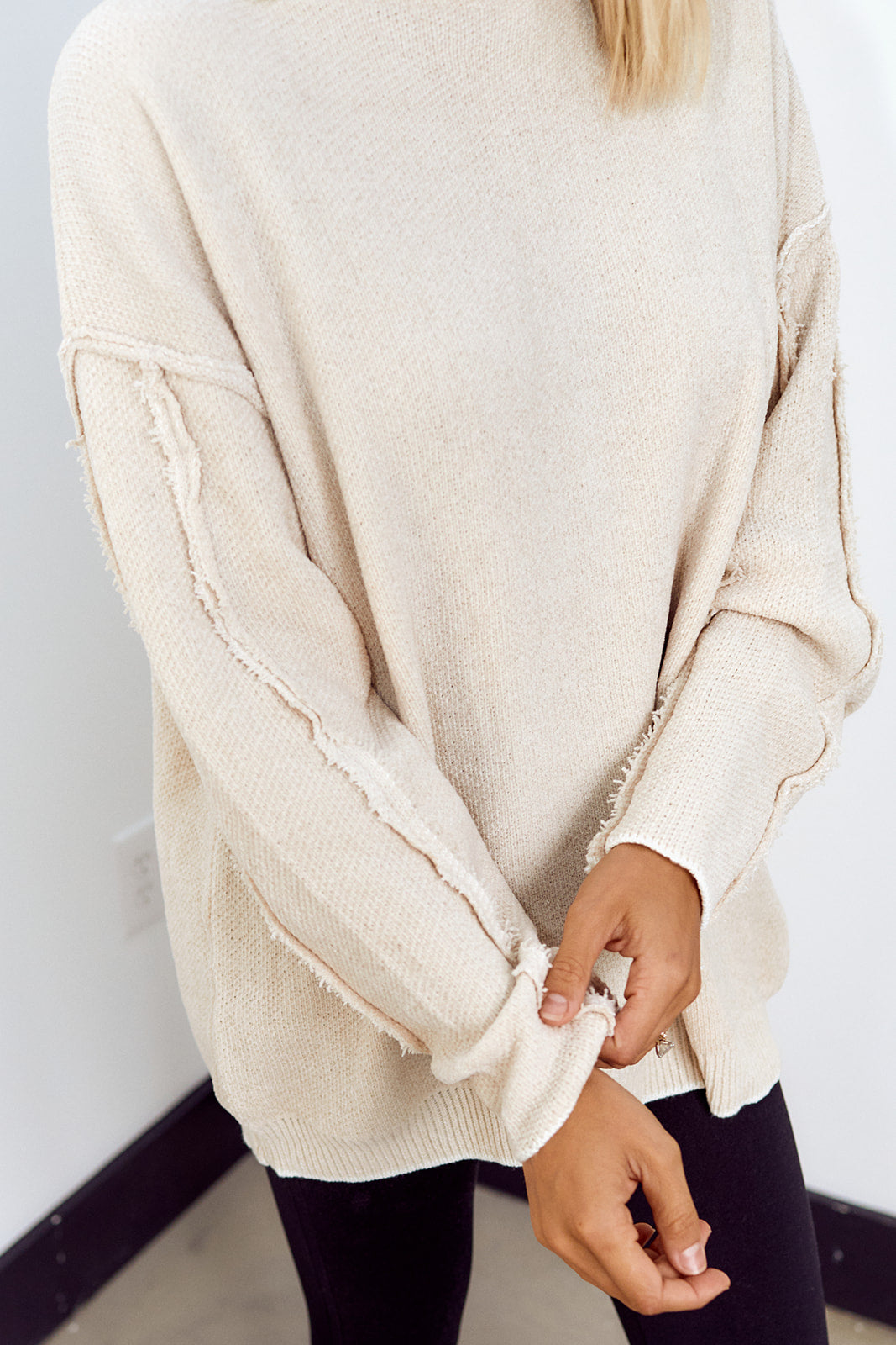 Delarosa Mock Neck Raw Seam Sweater