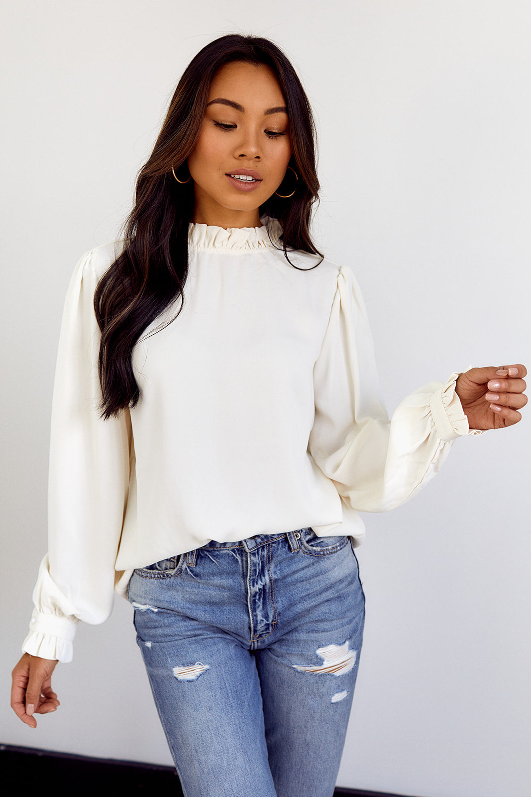 Casta Ruffled Neckline Long Sleeve Blouse