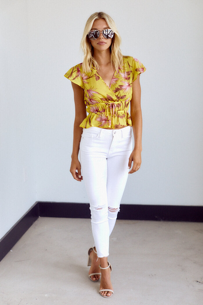 Rina Palm Print Faux Wrap Blouse