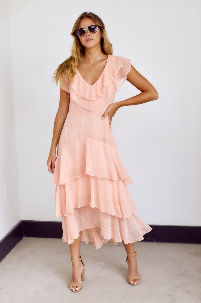 Kiara Ruffled Swiss Dot Midi Dress