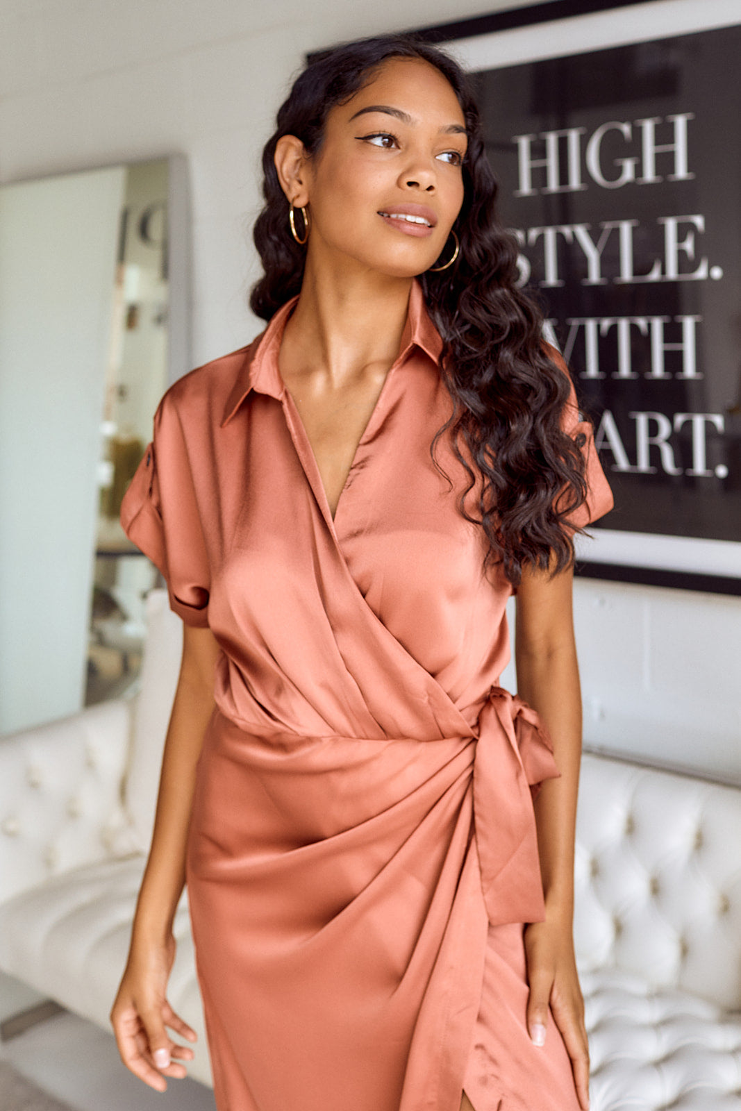 Dylan Short Sleeve Satin Wrap Dress