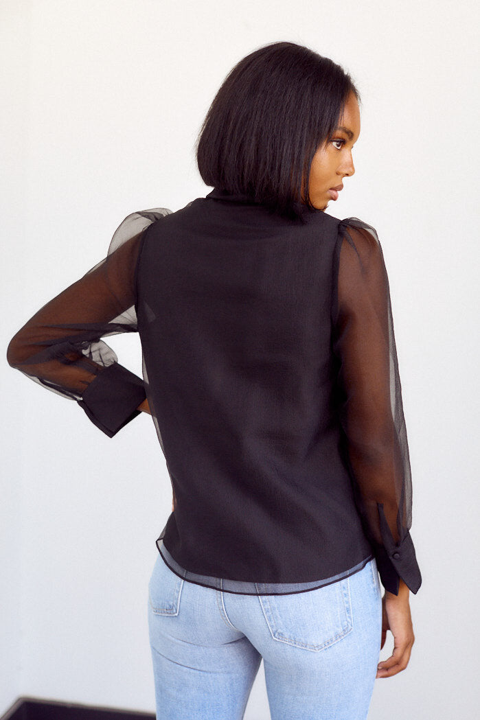 Minott Sheer Sleeve Tie Neck Blouse