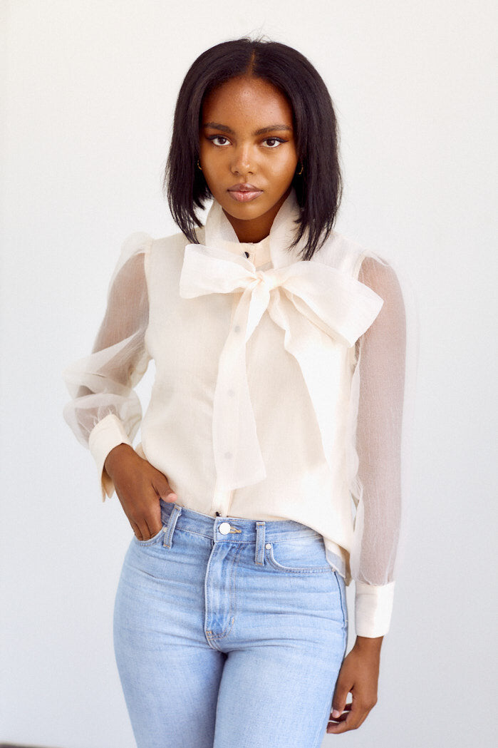 Minott Sheer Sleeve Tie Neck Blouse