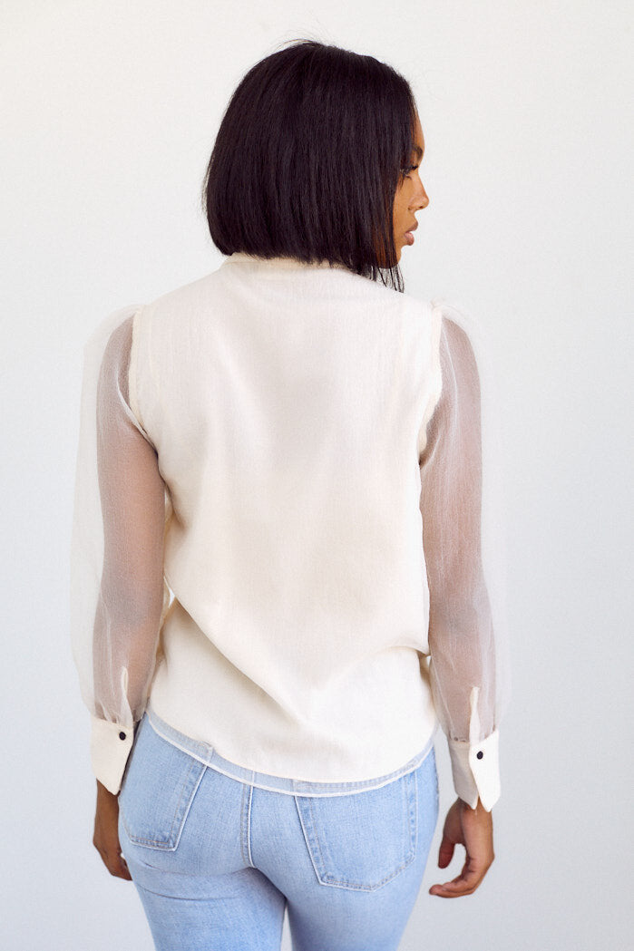 Minott Sheer Sleeve Tie Neck Blouse