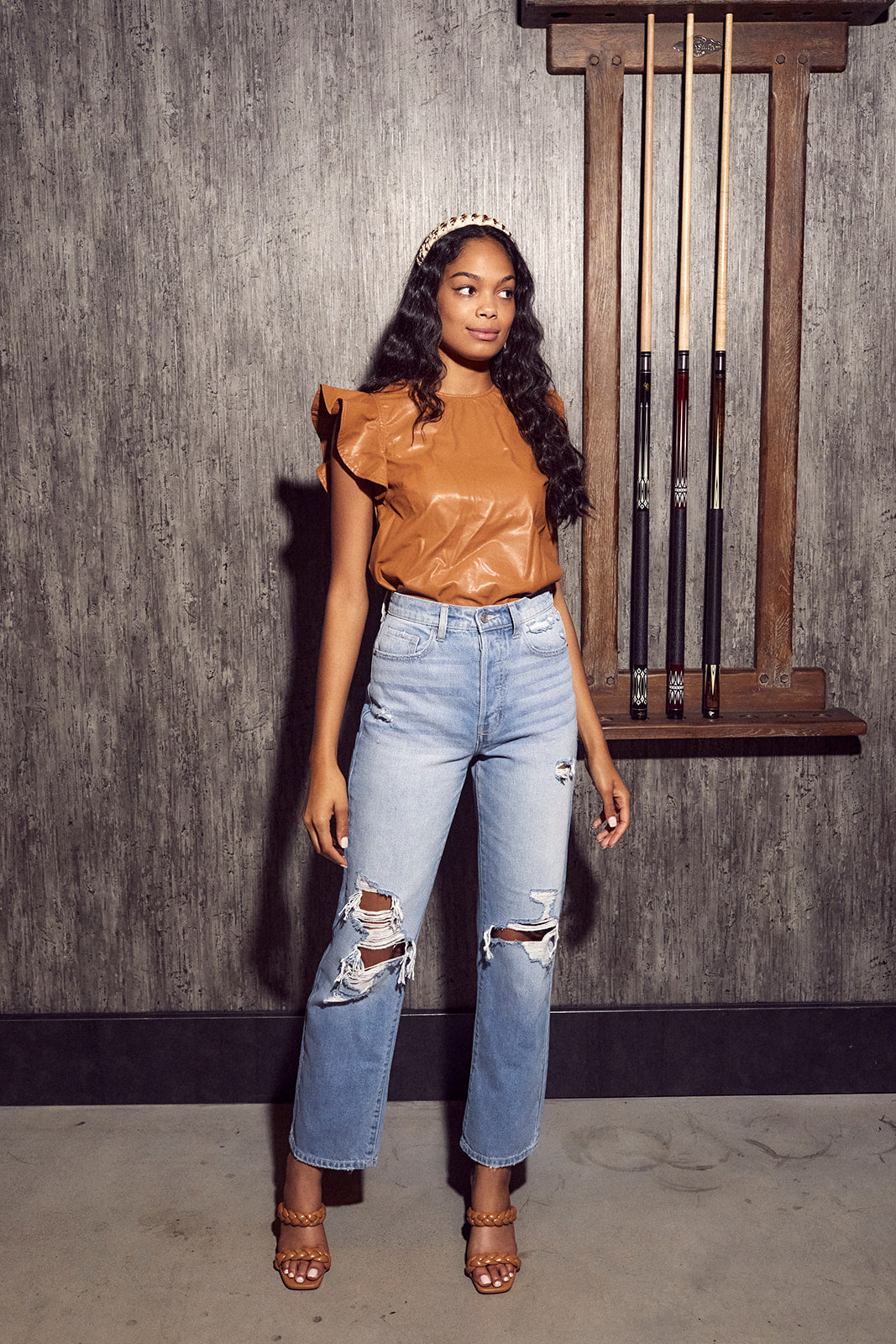 Baisden Faux Leather Flutter Sleeve Top