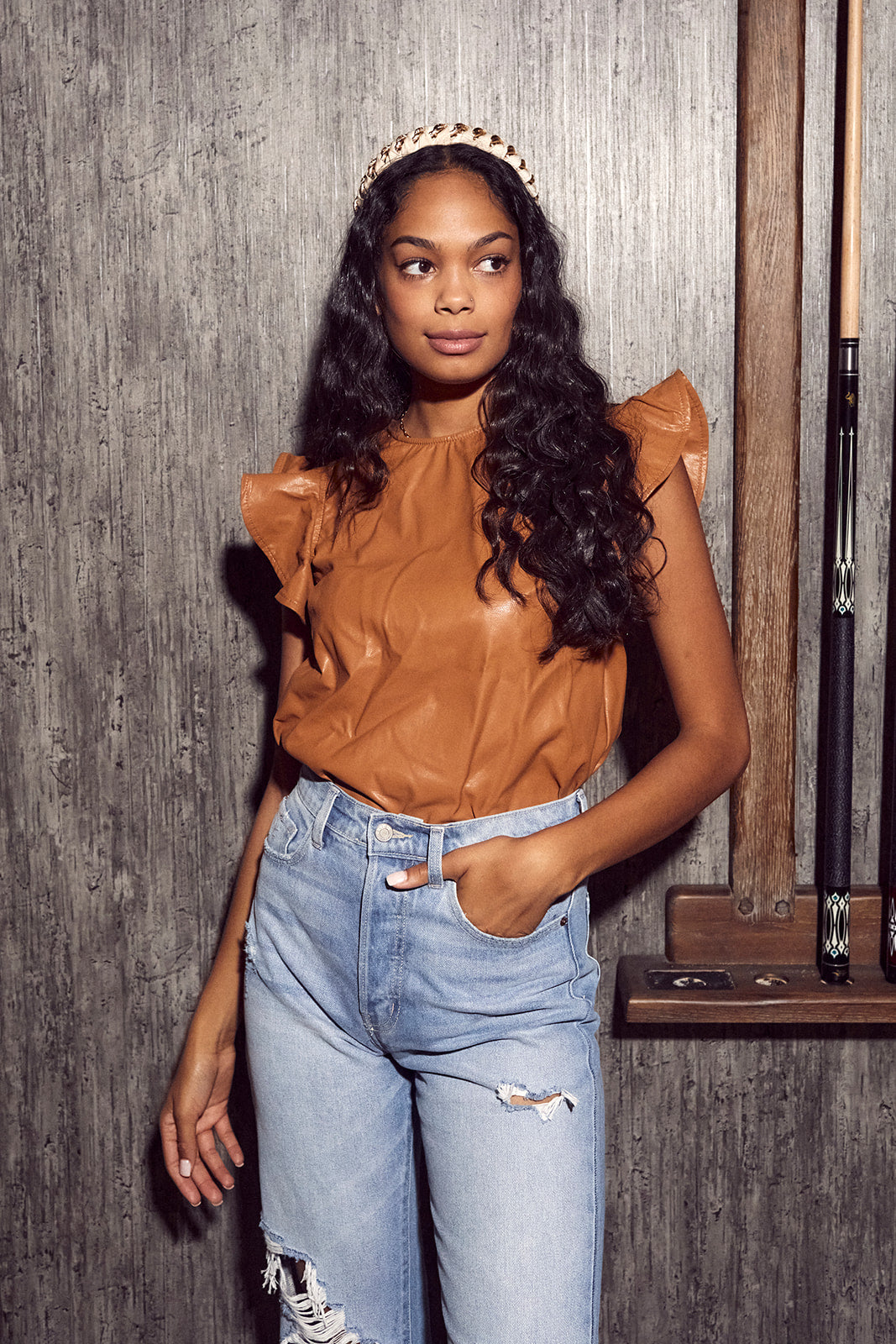 Baisden Faux Leather Flutter Sleeve Top
