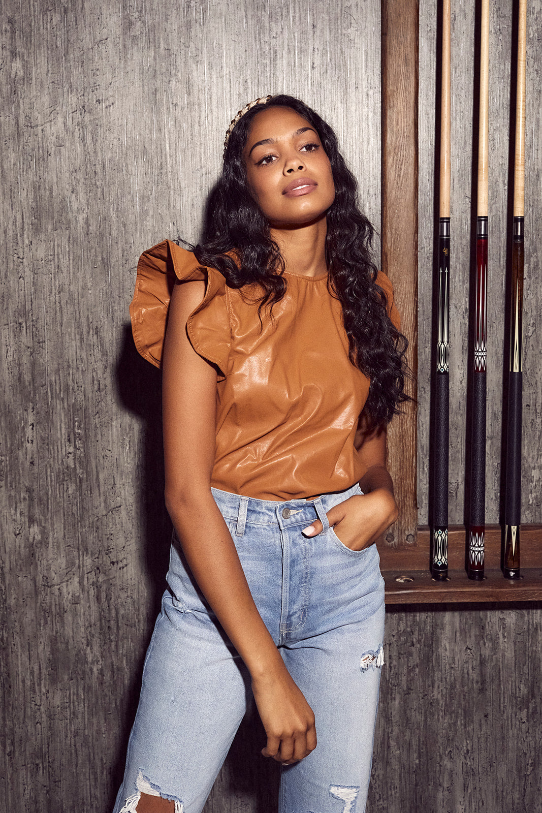 Baisden Faux Leather Flutter Sleeve Top