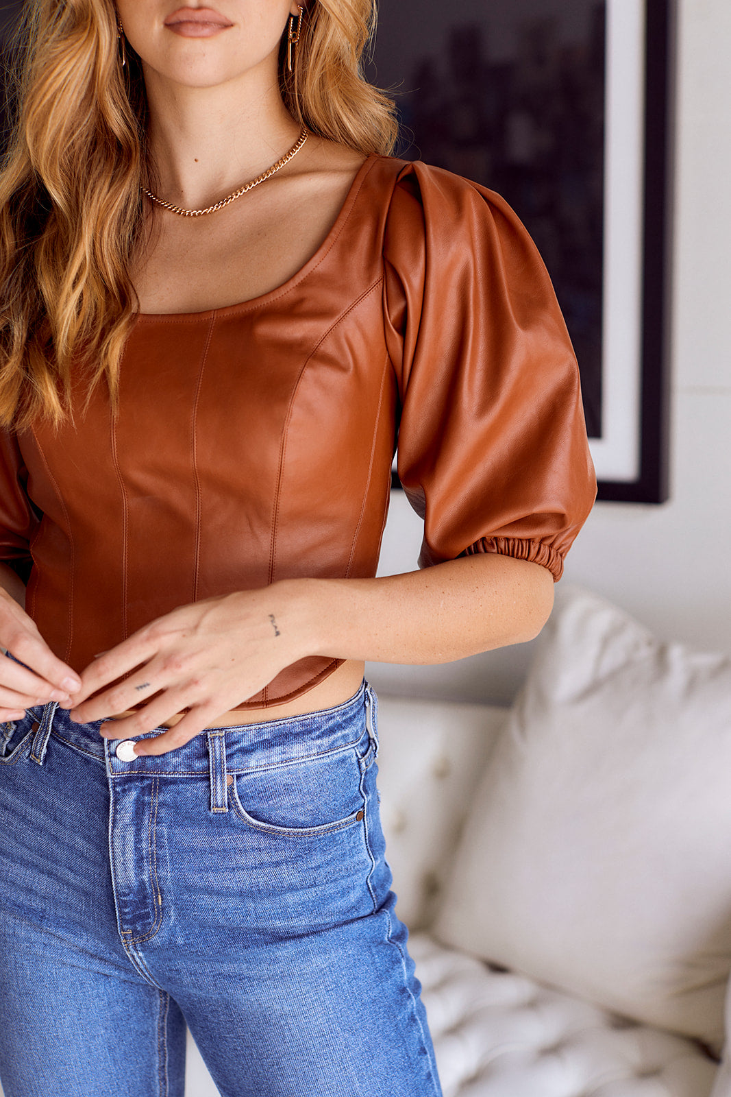 Gradey Faux Leather Puff Sleeve Top
