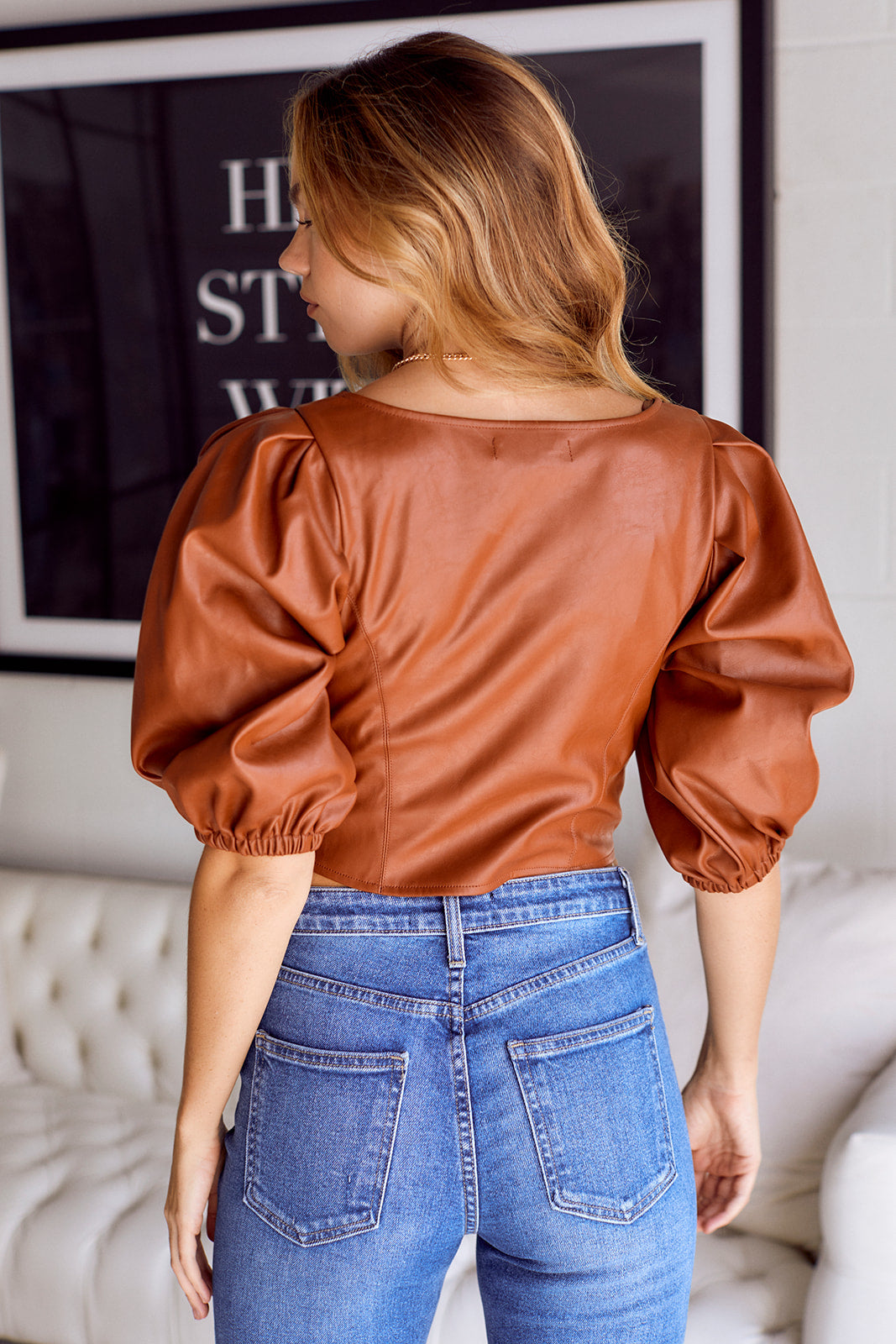 Gradey Faux Leather Puff Sleeve Top