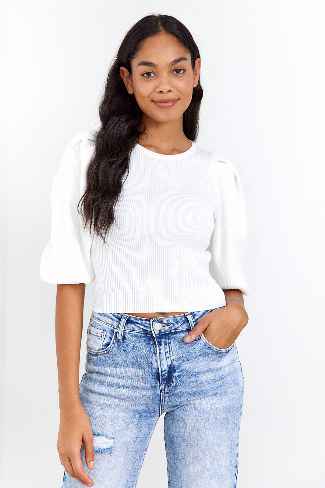 Olessia Knit Puff Sleeve Blouse