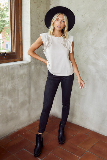 Rasha Shoulder Pad Fringed Detail Top