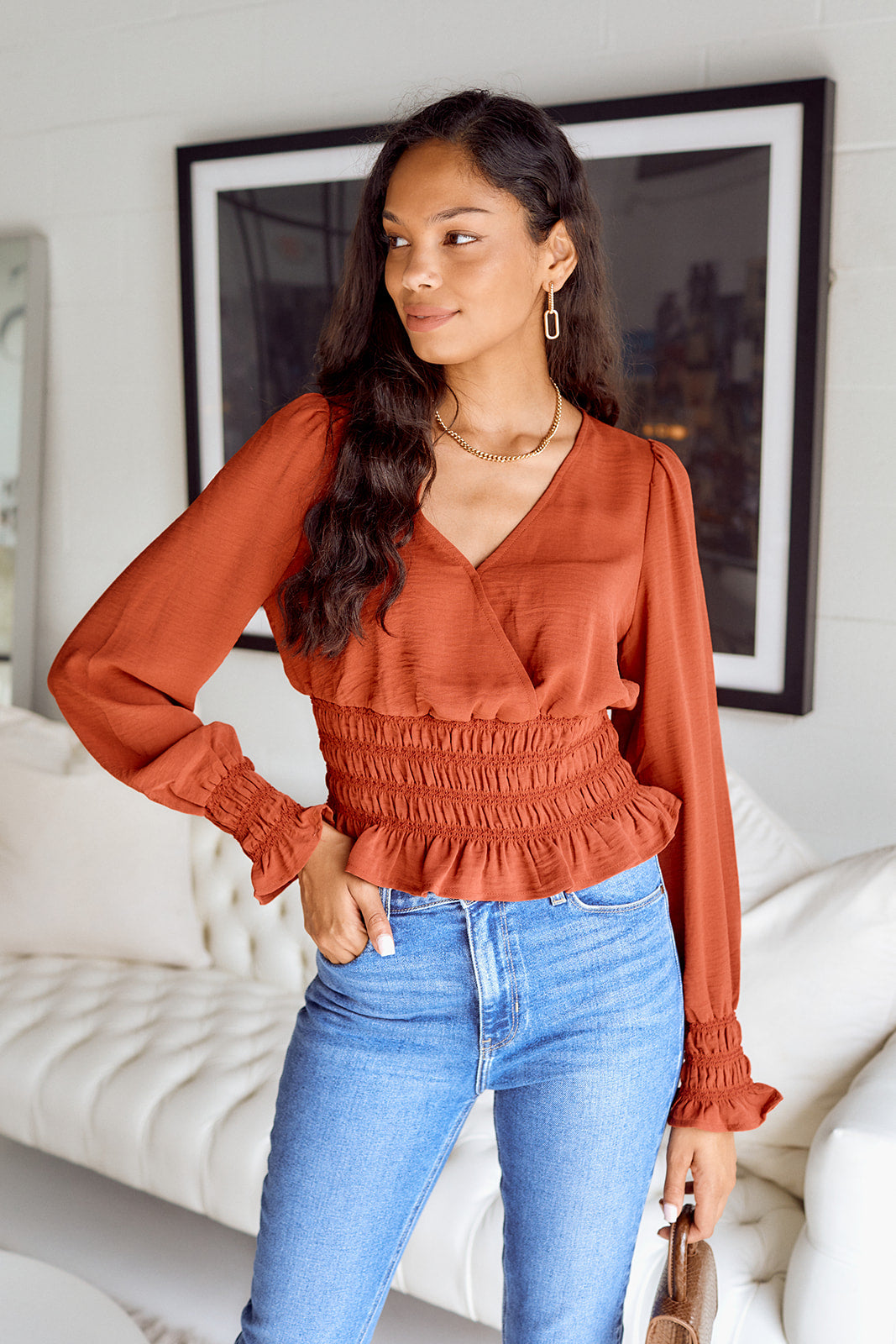 Bevvi Smocked Waist Surplice Blouse