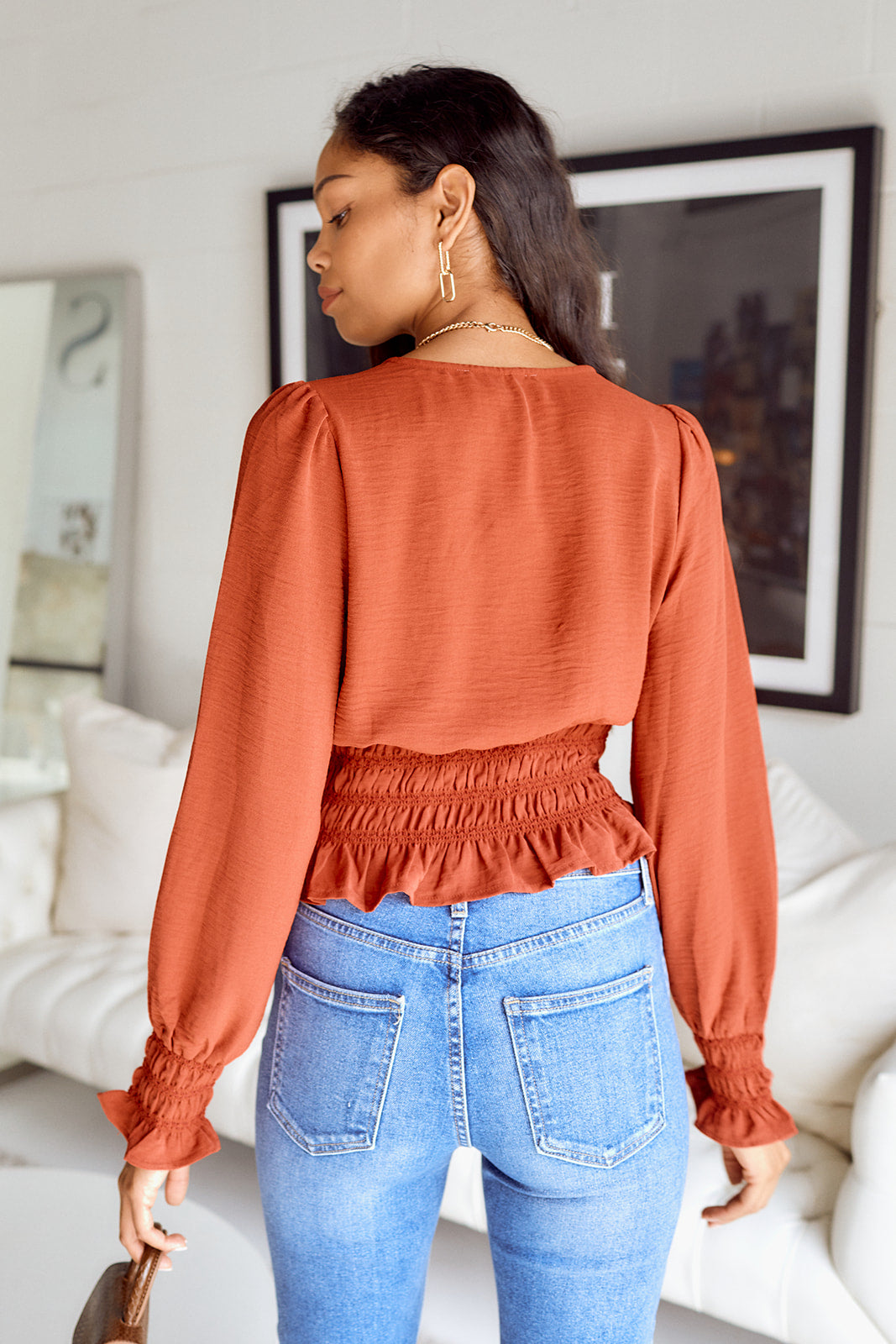 Bevvi Smocked Waist Surplice Blouse