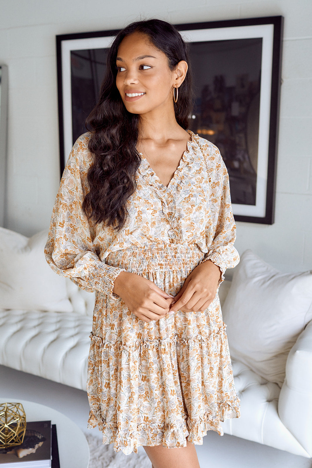 Farra Floral Printed Long Sleeve Dress