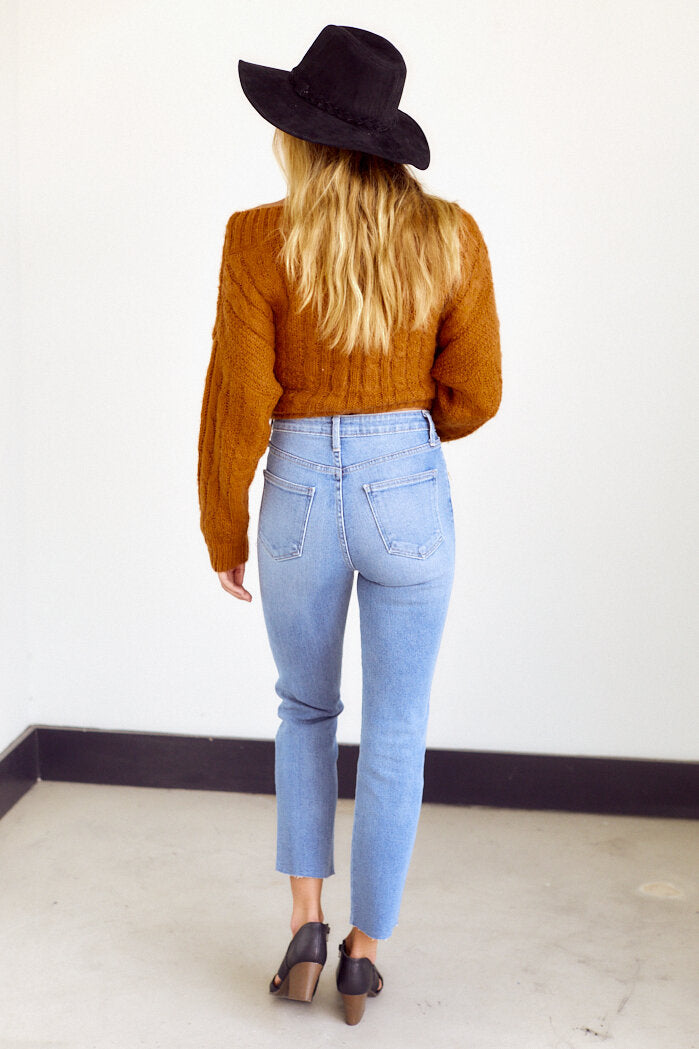 Jones High Rise Cut Off Straight Leg Denim