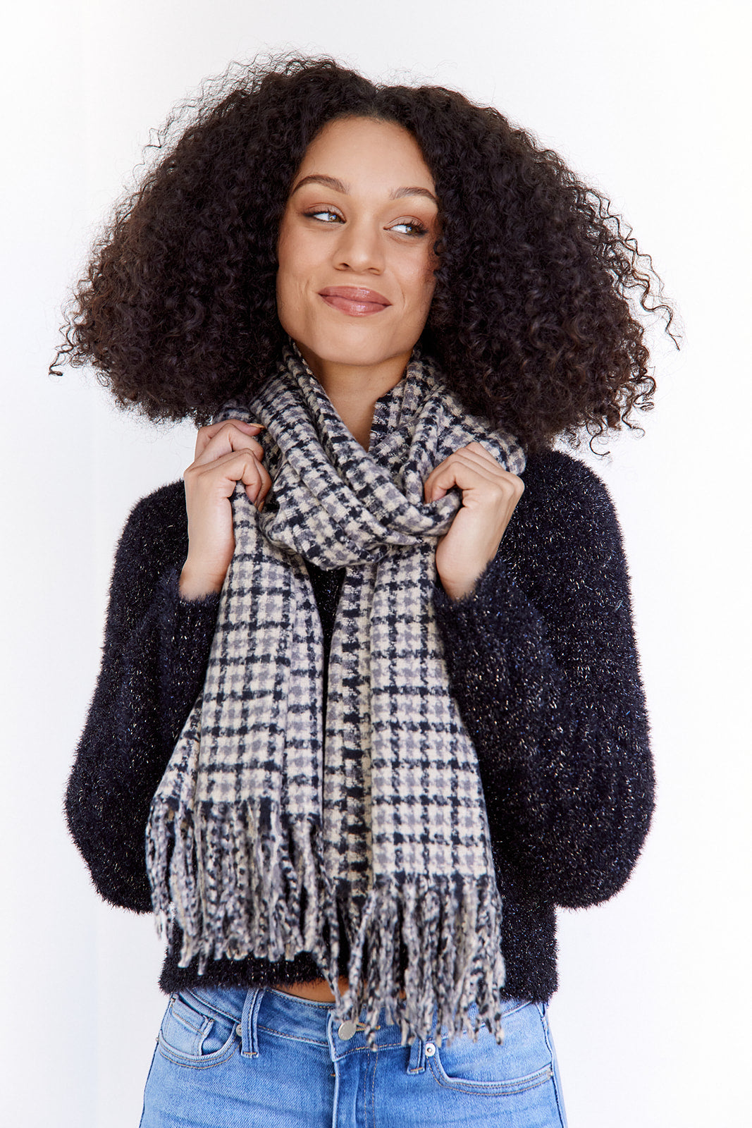 SALE - Jade Check Print Scarf with Fringe