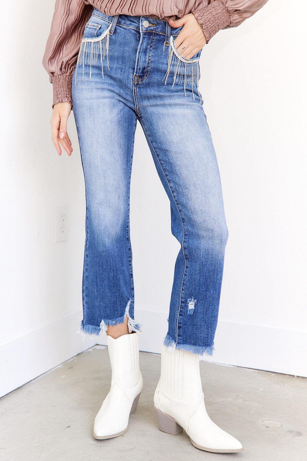 SALE - Lumi Rhinestone Detail Straight High Waisted Jeans