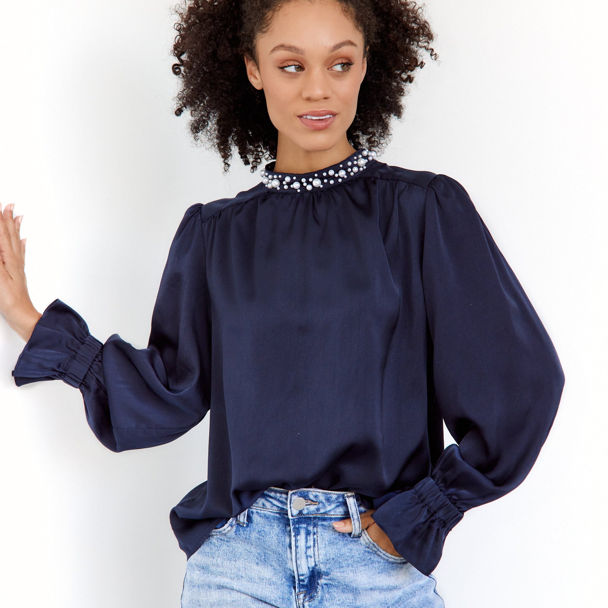SALE - Aster Pearl Mock Neck Blouse