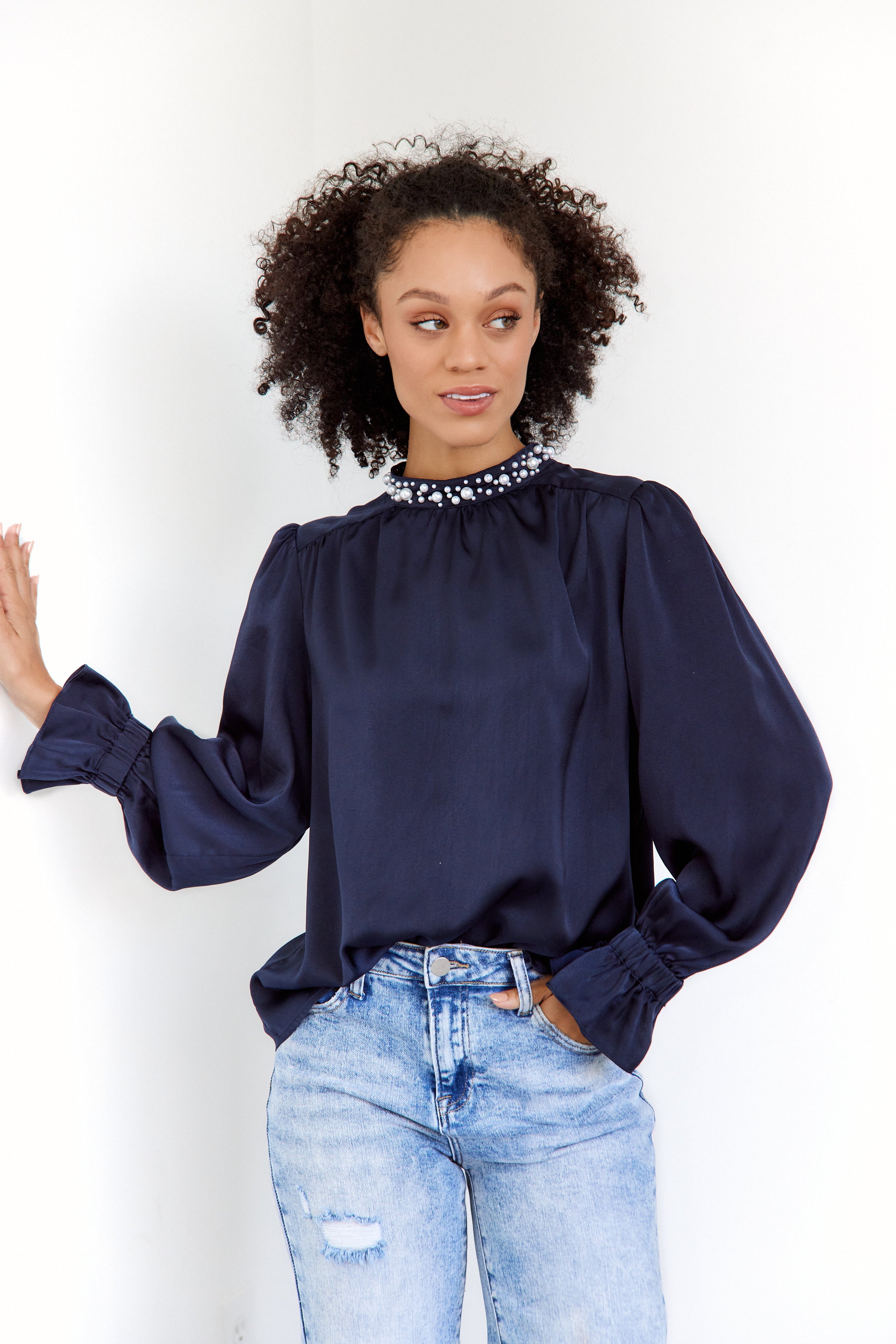 SALE - Aster Pearl Mock Neck Blouse