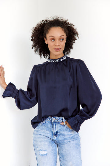 SALE - Aster Pearl Mock Neck Blouse