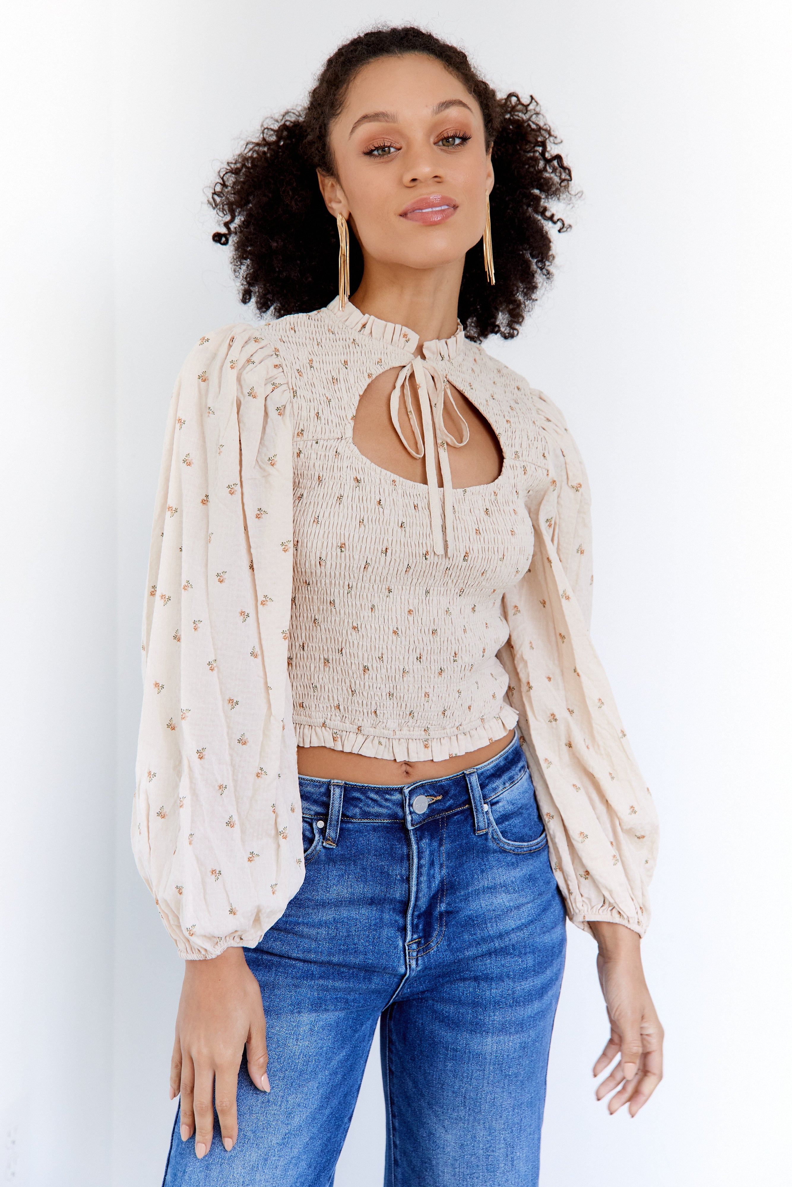 SALE- Mckenna Smocked Tie Front Blouse