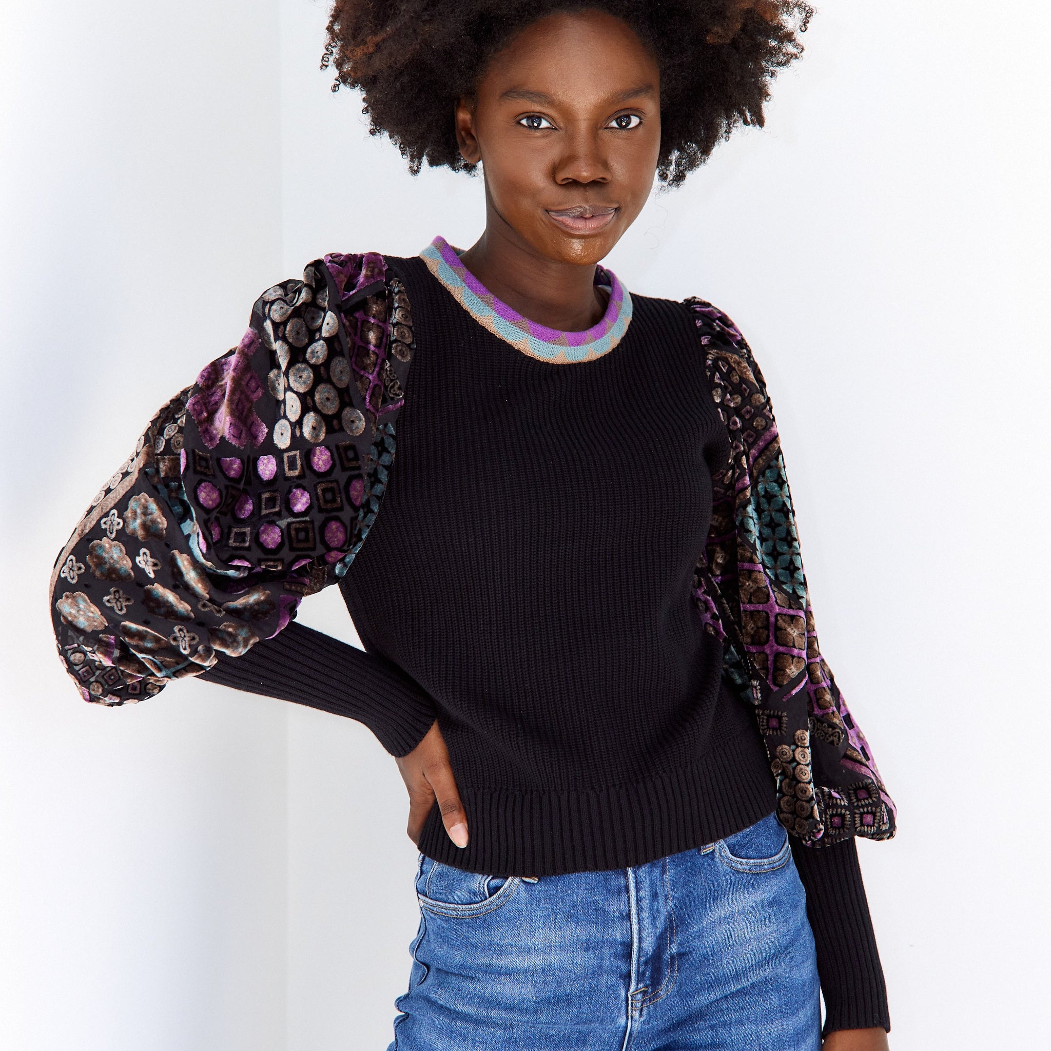 SALE - Everleigh Printed Velvet Sleeve Sweater