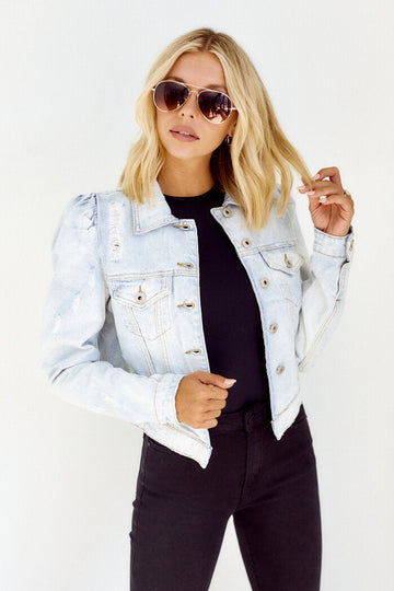 Lawerence Puff Sleeve Distressed Denim Jacket
