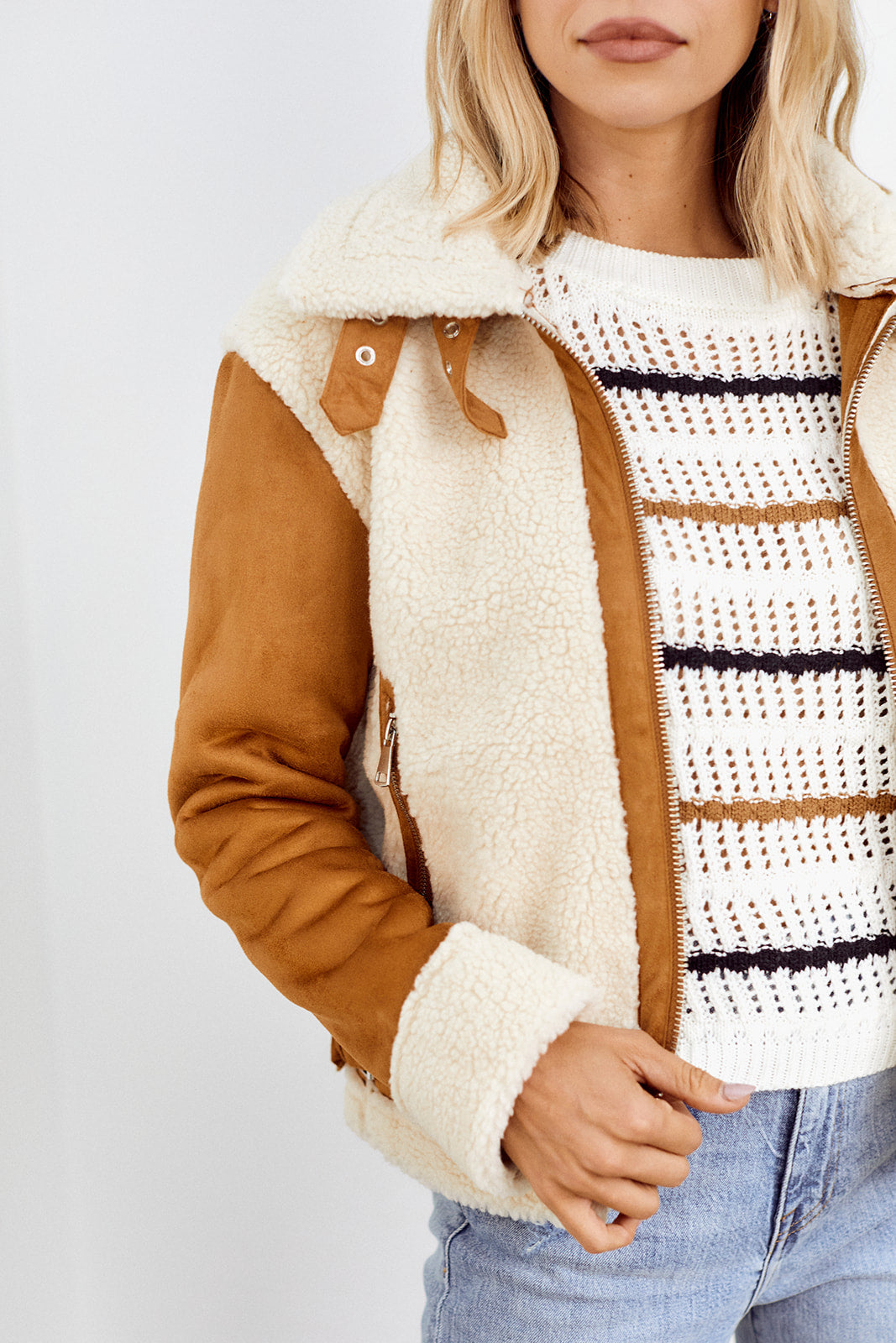 Mincie Faux Suede Trim Shearling Jacket