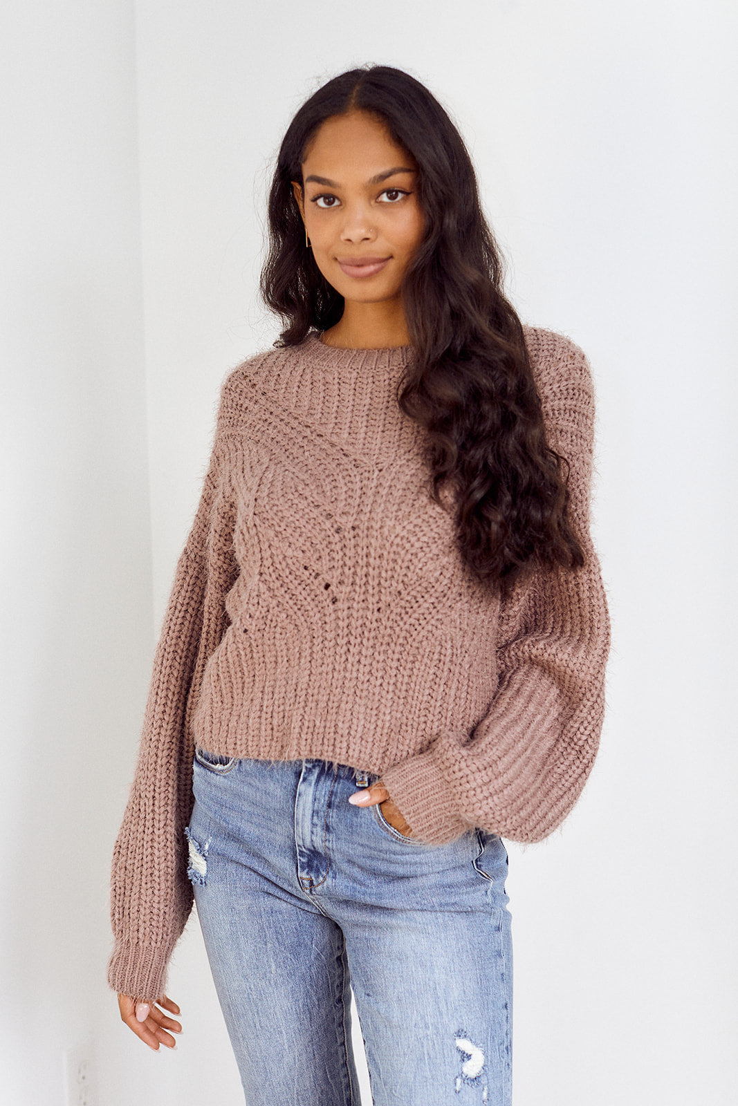 Meara Cable Knit Fuzzy Sweater