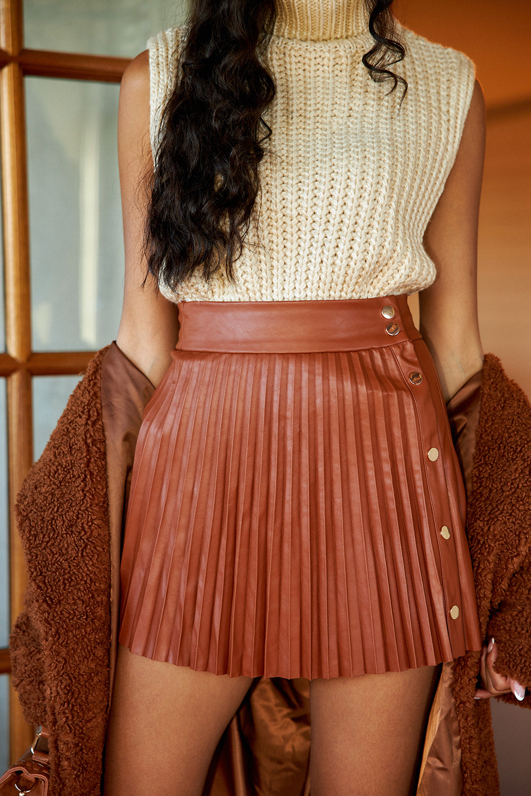 Reiss Pleated Faux Leather Mini Skirt