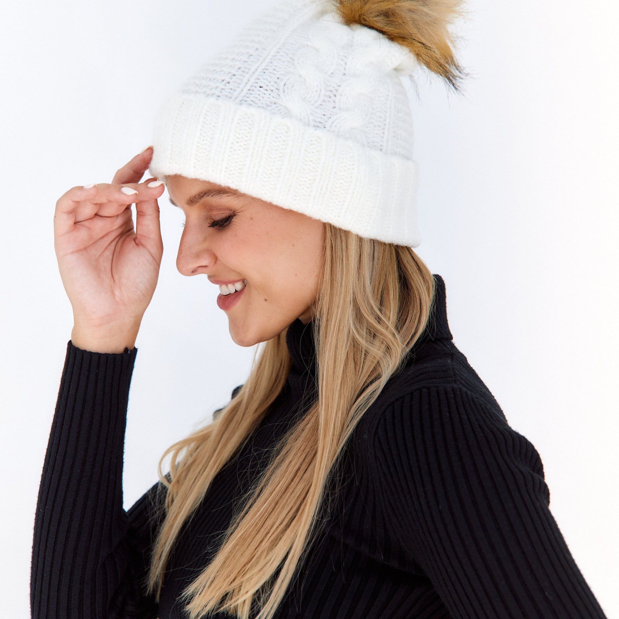 Iris Cable Knit Faux Fur Pom Hat