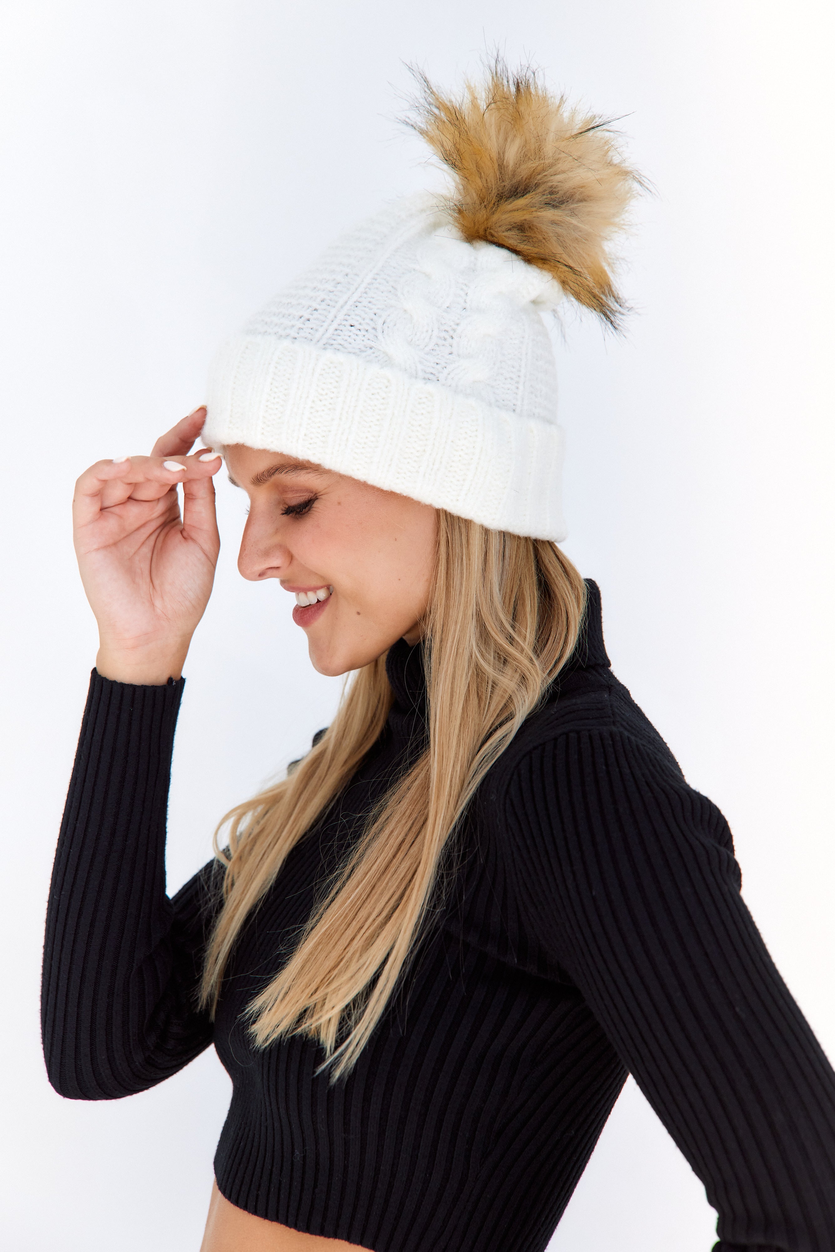 Iris Cable Knit Faux Fur Pom Hat