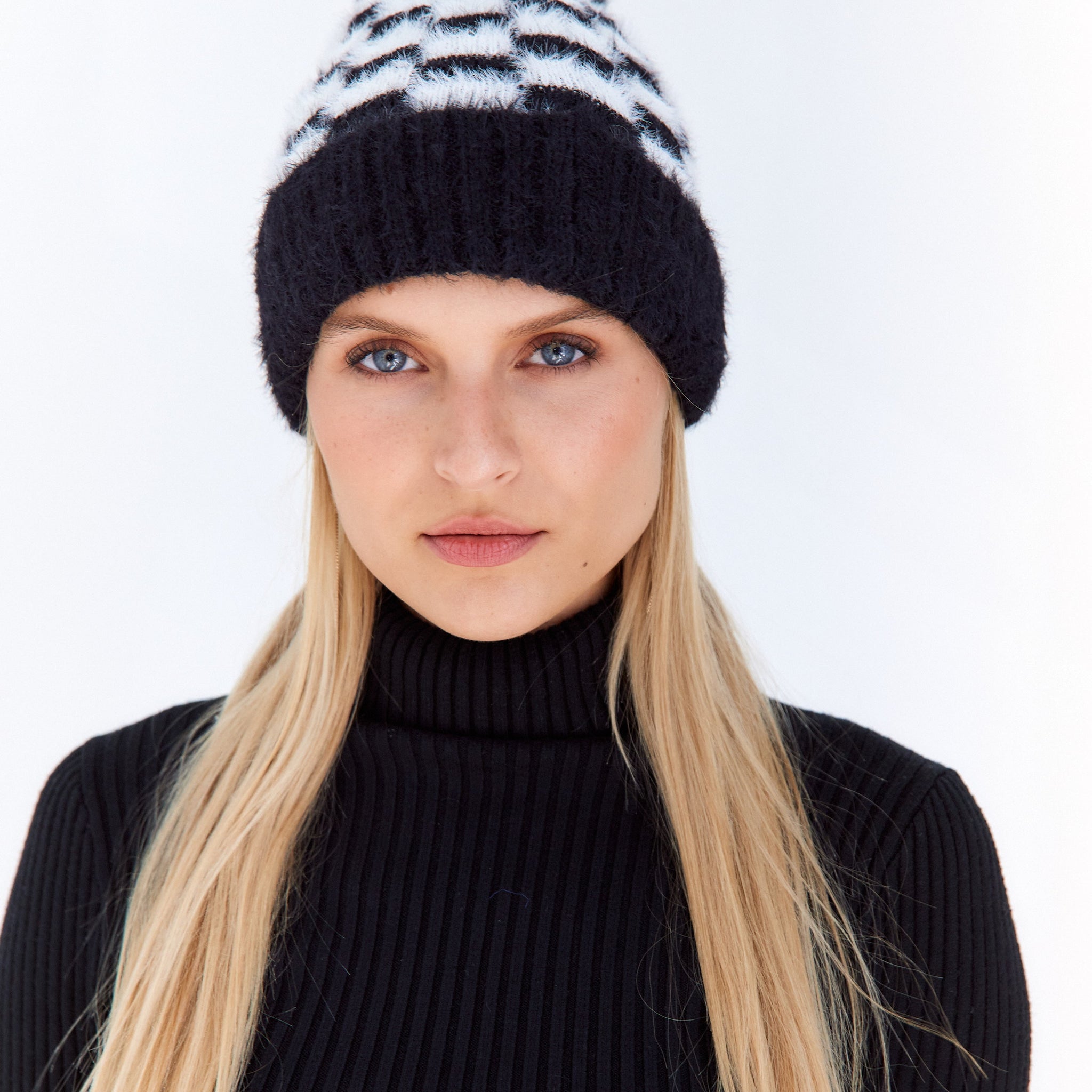Livvie Fuzzy Checkered Faux Fur Pom Hat
