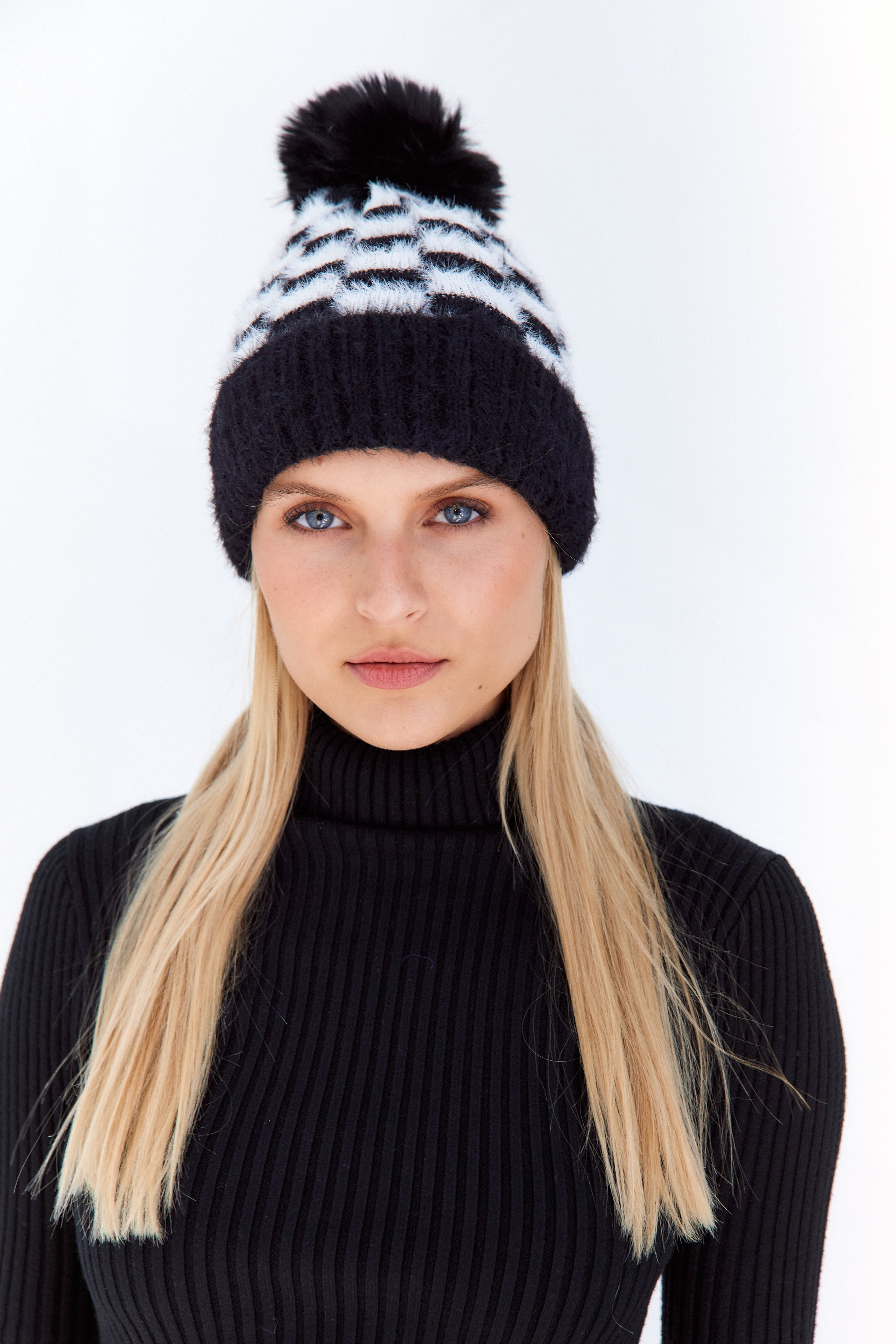 Livvie Fuzzy Checkered Faux Fur Pom Hat
