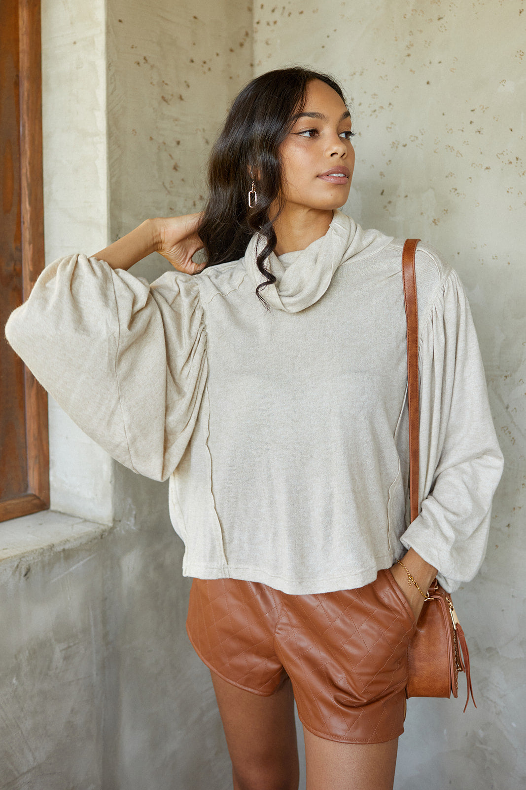 Graylie Puff Sleeve Cowl Neck Sweater