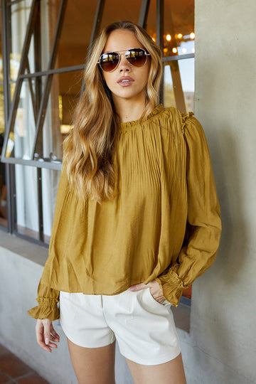 Vendi Pleated Ruffle Trim Blouse