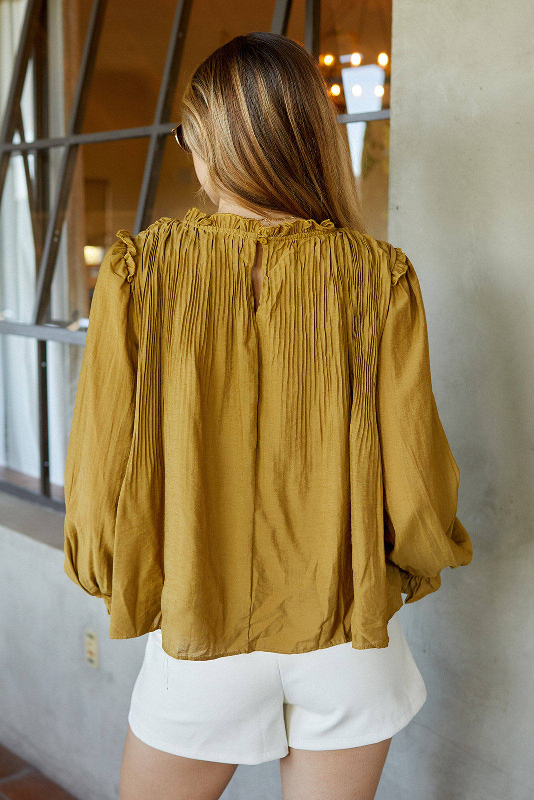 Vendi Pleated Ruffle Trim Blouse