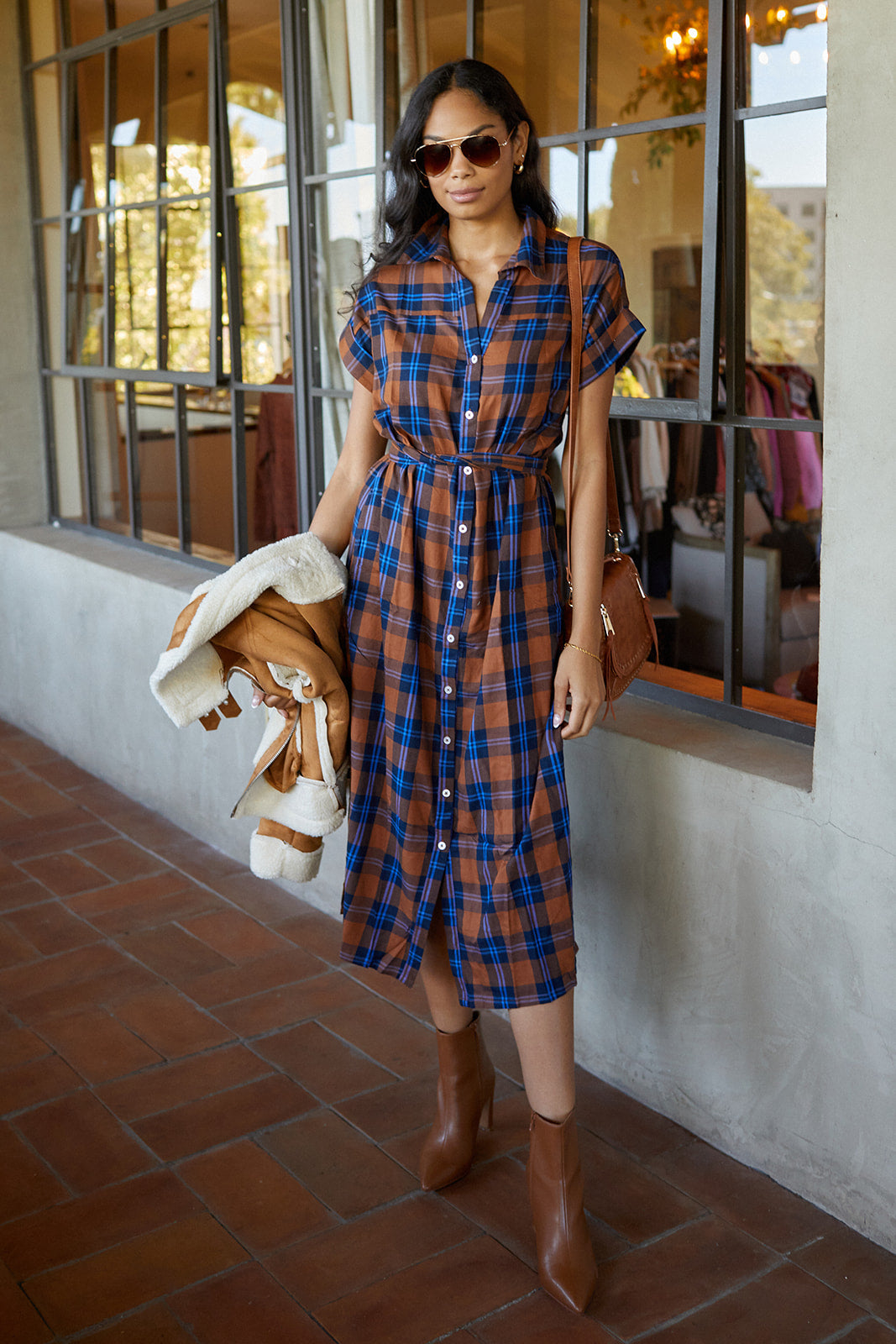 Flores Plaid Button Down Midi Dress