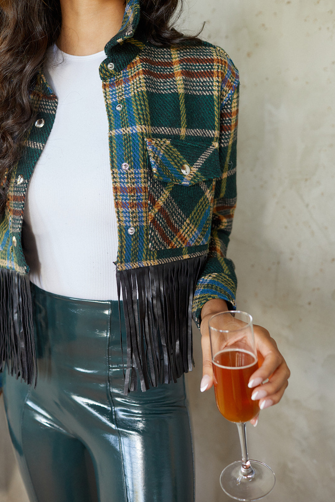 Blank NYC Cropped Plaid Fringe Hem Jacket