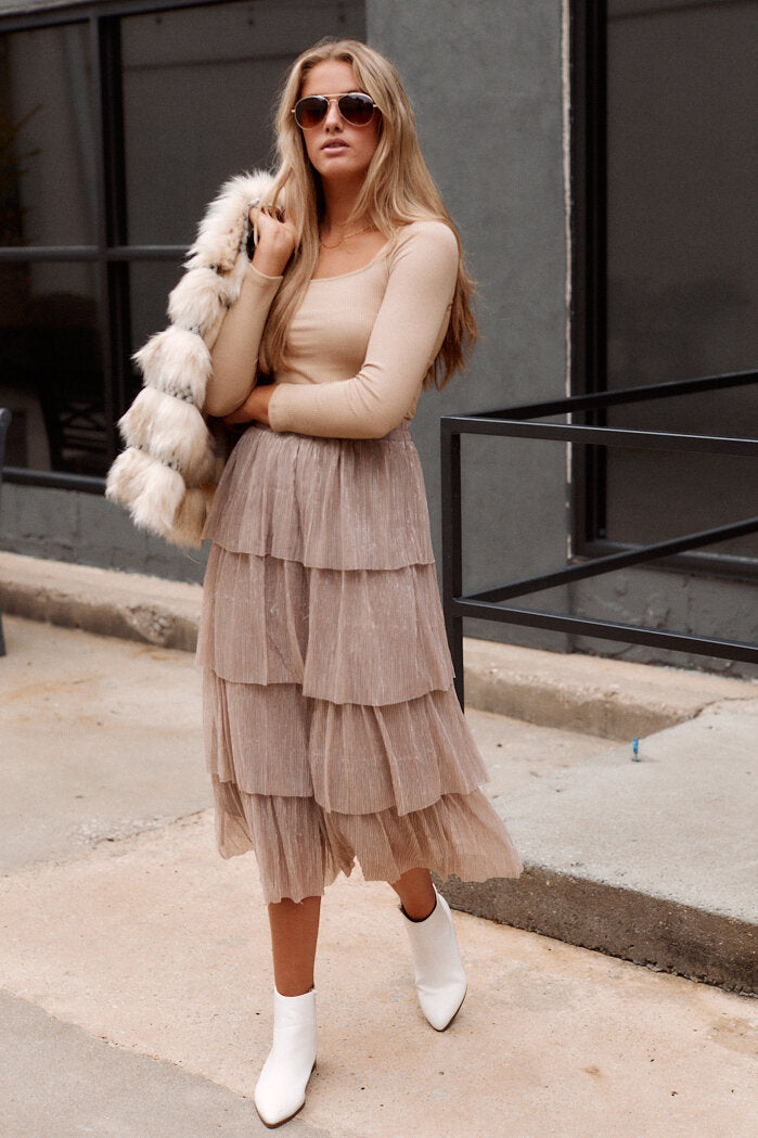 Karlan Tiered Metallic Midi Skirt