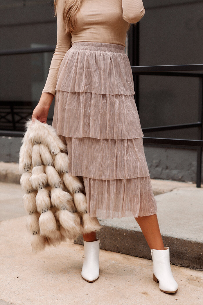 Karlan Tiered Metallic Midi Skirt