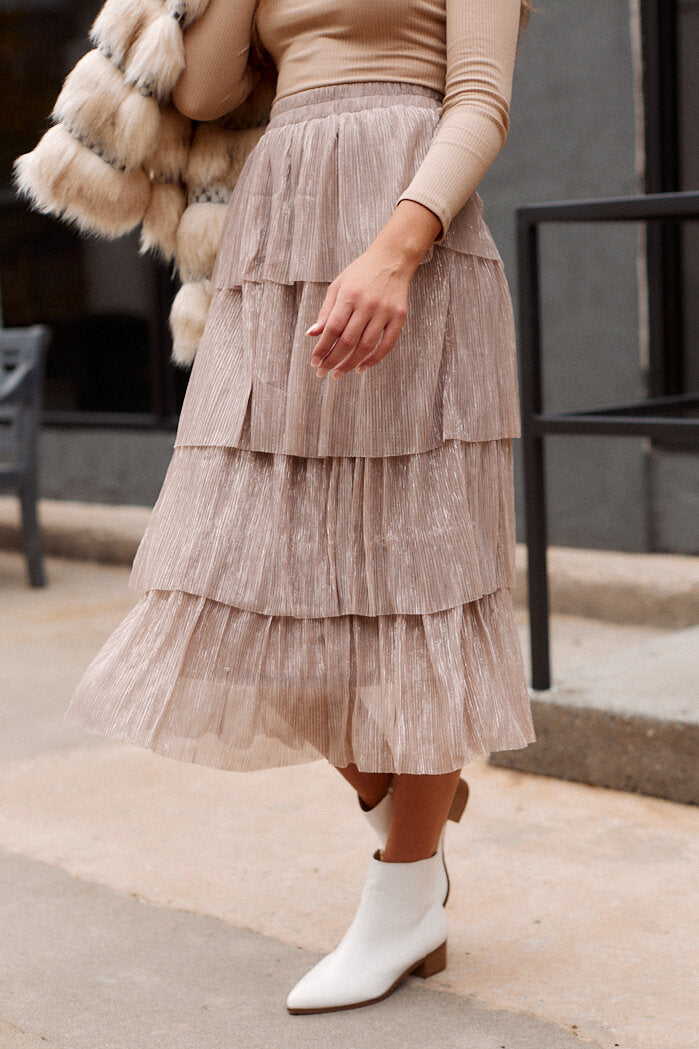 Karlan Tiered Metallic Midi Skirt